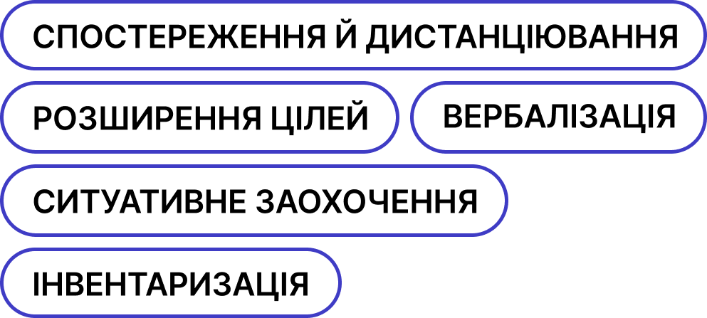 Спостереження й дистанціювання, інвентаризація, ситуативне заохочення, вербалізація, розширення цілей